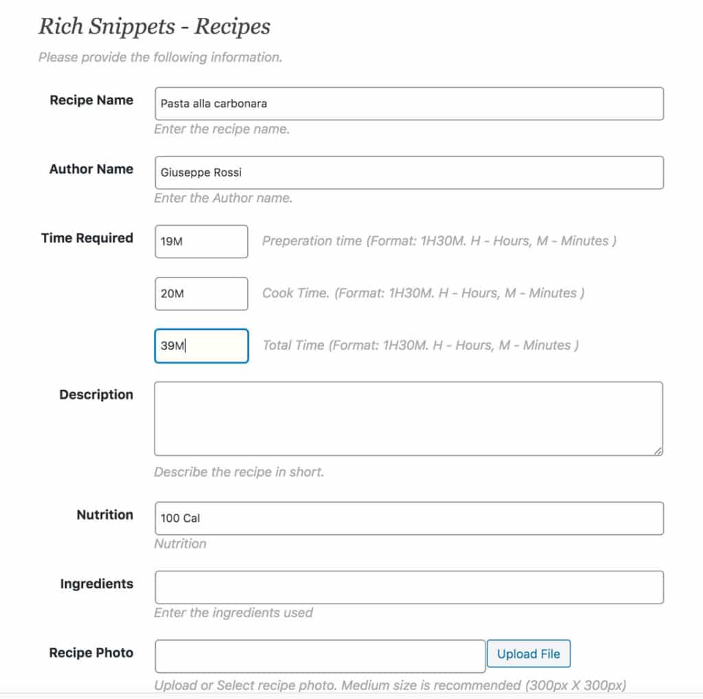 Aggiunta di dati strutturati a WordPress per le ricette