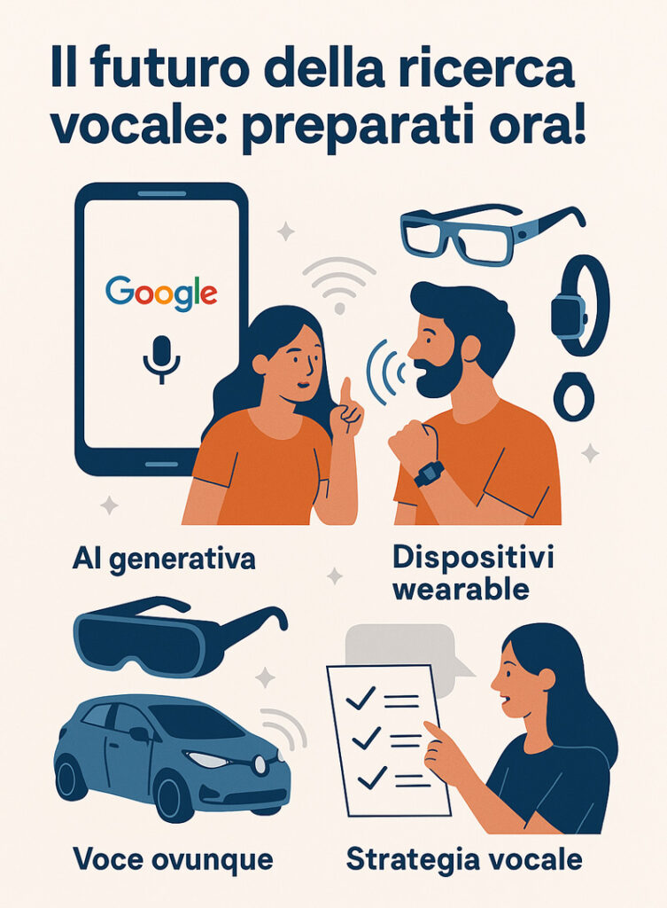 Infografica sul futuro della ricerca vocale con AI generativa, dispositivi wearable e assistenti vocali integrati