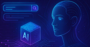 Interfaccia futuristica di ricerca Google con intelligenza artificiale, SGE e utente digitale in primo piano